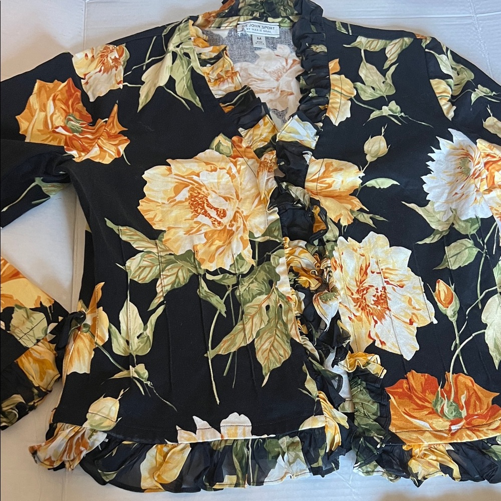 ST JOHN Sport by Marie Gray Marigold Floral Ruffle Blazer Jacket Size Medium